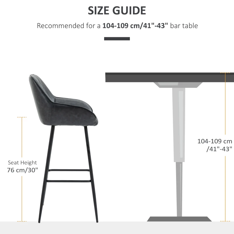 HOMCOM Retro Bar Stools Set of 2, Bar Chairs with Footrest, 30" (76 cm.) Kitchen Stools with Backs and Steel Legs, for Kitchen Island and Home Bar, Black