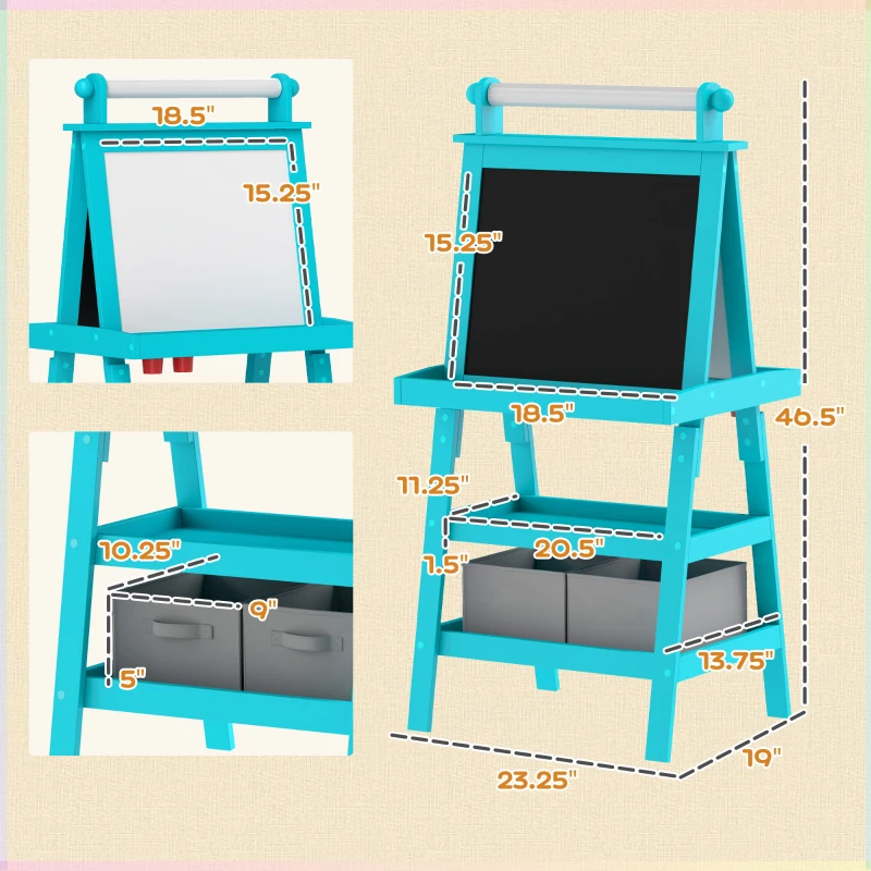 Qaba Double Sided Easel for Kids, Standing Toddler Easel with Paper Roll, Magnetic Whiteboard, Chalkboard & Storage, Blue