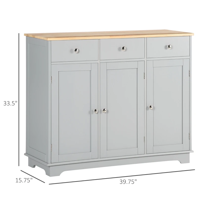 HOMCOM Kitchen Storage Cabinet, Sideboard Floor Cupboard with Solid Wood Top, Adjustable Shelf, and 3 Drawers, Gray