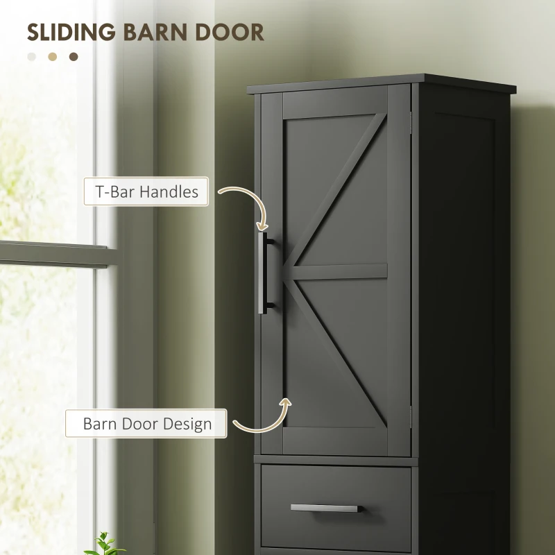 HOMCOM 67" Tall Bathroom Cabinet, Narrow Bathroom Storage Cabinet with Drawer, Barn Doors and Adjustable Shelves, Black