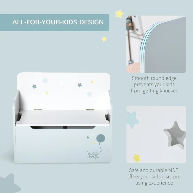 Qaba Kids Wooden Toy Storage Box Organizer Chest 2 in 1 Design with Gas Stay Bar 23.5" x 11.75" x 19.75" Light Blue