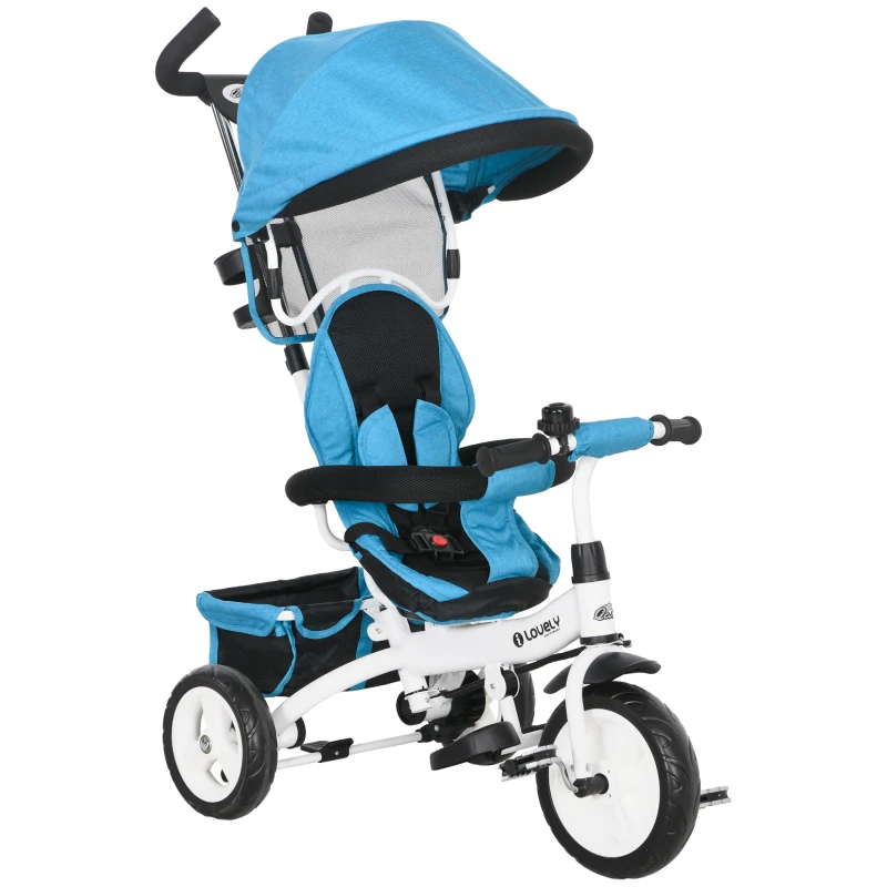 Qaba 6 in 1 Toddler Tricycle Stroller with Basket, Canopy, 5-point Safety Harness, for 12-60 Months, Blue