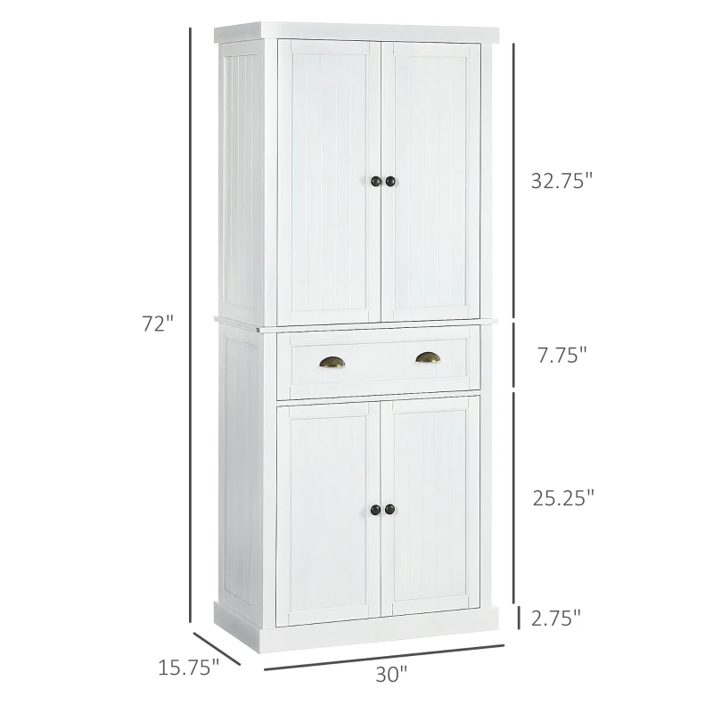 HOMCOM 72" Kitchen Cabinet, Kitchen Pantry Cabinet with 4 Doors, 2 Adjustable Shelves and Drawer, Distressed White