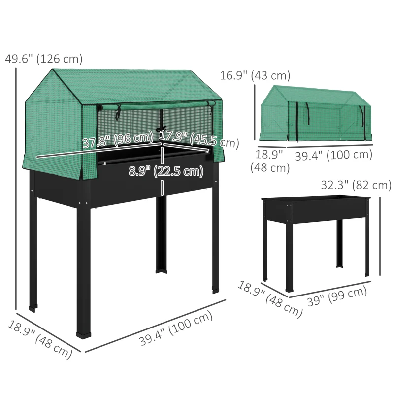 Outsunny Raised Garden Bed Planter with PE Greenhouse Cover, Elevated Garden Bed Box with Drainage Hole for Flowers, Black
