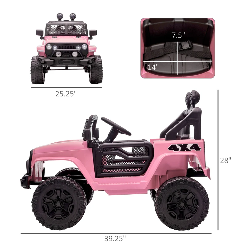 Aosom 12V Kids Ride On Truck with Parent Remote Control, Battery Powered Electric Car with Spring Suspension, Adjustable Speed, LED Lights and Horn, Pink