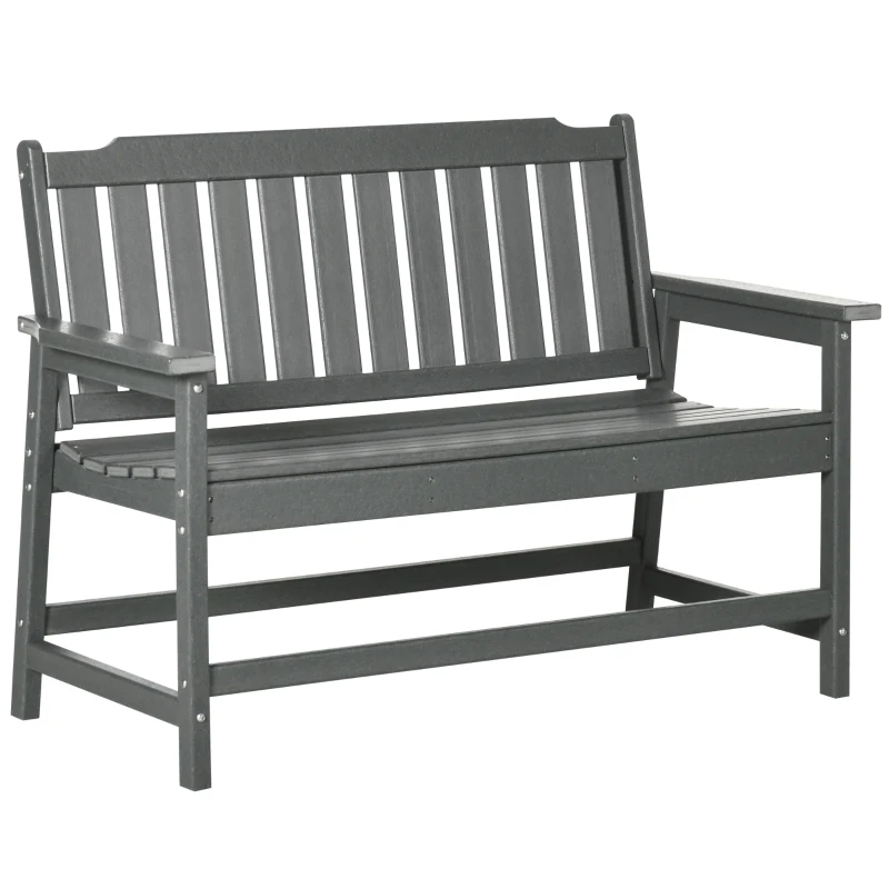 Outsunny Outdoor Bench, 2-Person Park Style Garden Bench with All-Weather HDPE, 704 lbs. Weight Capacity Porch Bench with Slatted Back & Armrests, Dark Gray