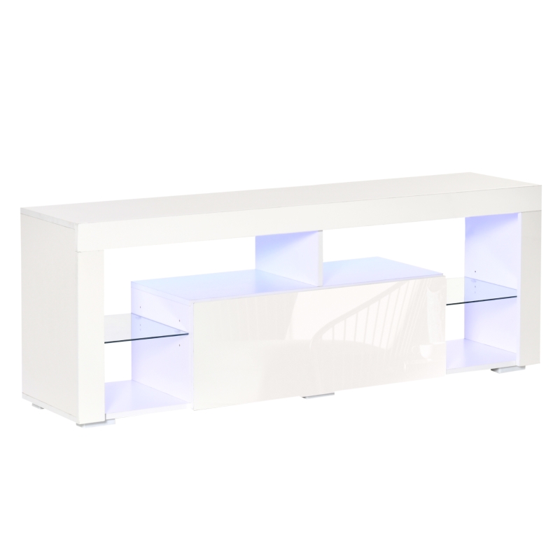 HOMCOM TV Stand for 55-Inch TVs, High Gloss TV Bench with LED Lights, Remote Control, Storage Drawer and Shelves, Entertainment Unit for Living Room, Bedroom, White