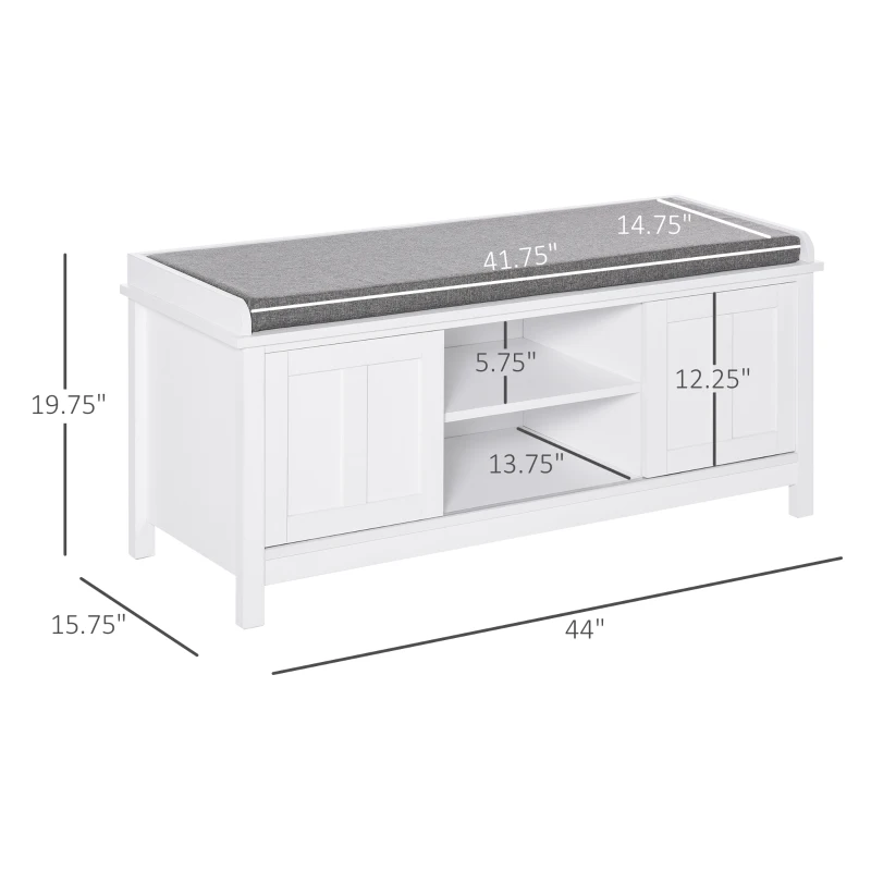 HOMCOM Entryway Shoe Bench Storage Ottoman with Sliding Doors, Adjustable Shelving, 6 Compartments, and Padded Seat, Holds 10 Pairs, White