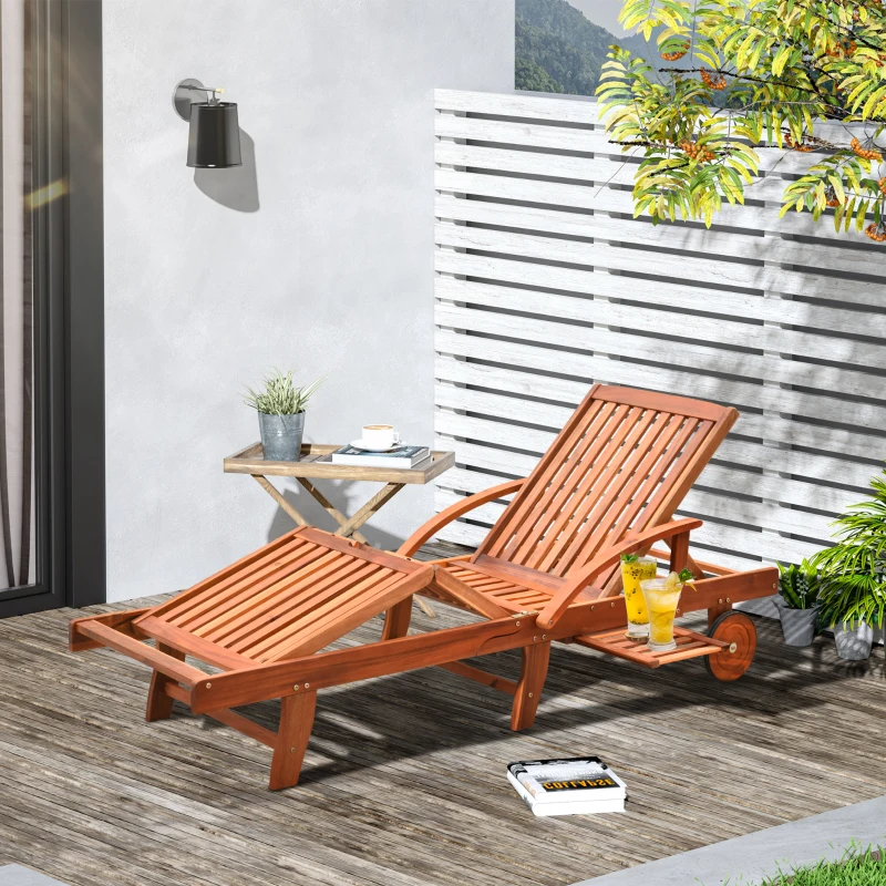 Outsunny Acacia Wood Folding Patio Sun Lounger with Wheels and Pull-Out Tray