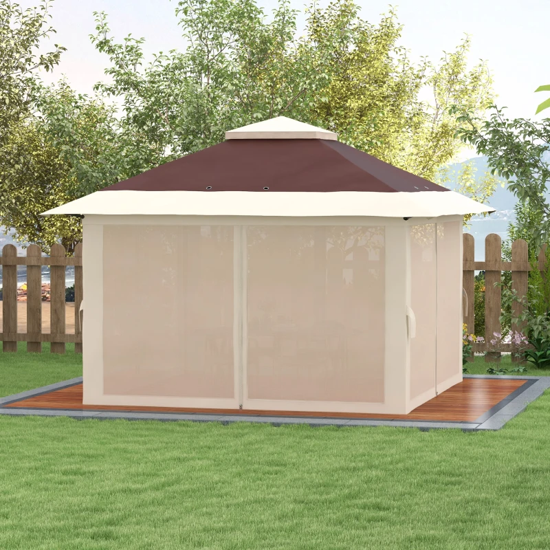 Outsunny 13' x 13' Pop Up Gazebo Instant Canopy Tent Shelter with 2-Tier Roof, Carry Bag, Wight Bags for Outdoor, Garden, Brown
