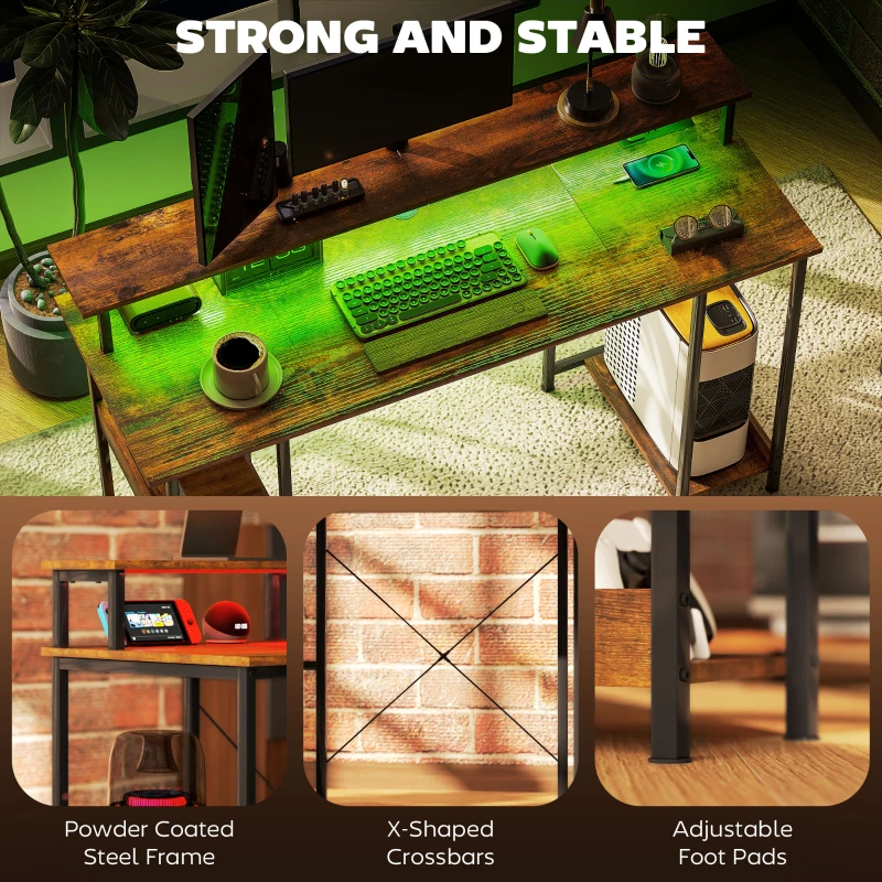 HOMCOM Computer Desk with Storage, 55" Reversible Computer Table with Power Outlets and LED Lights, Rustic Brown