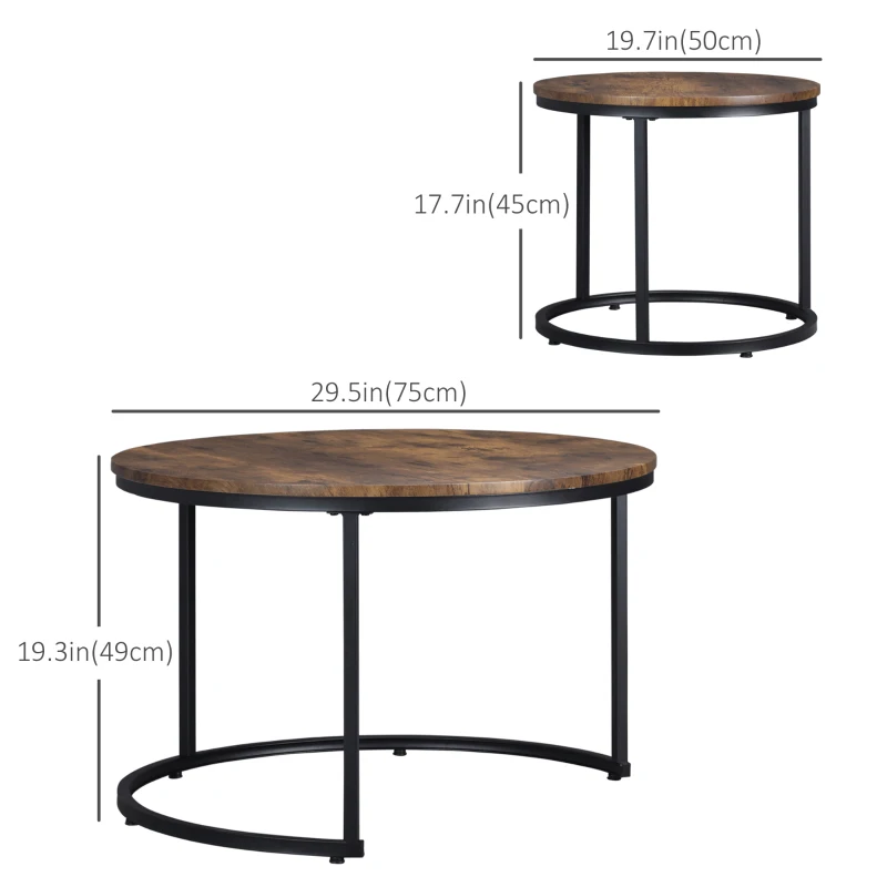 HOMCOM Nesting Tables, 29" Round Coffee Table Set of 2, Modern Side Tables for Living Room with Metal Base, Rustic Brown