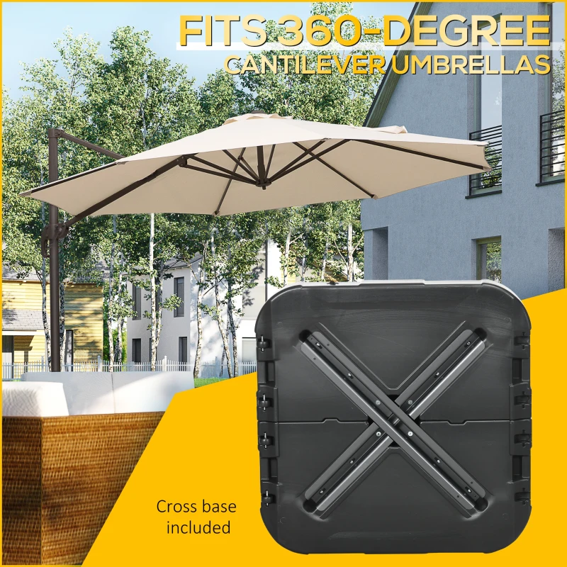 Outsunny Fillable Patio Cantilever Umbrella Base with Wheels, Heavy-duty Offset Umbrella Weights with Easy-Fill Spouts, Steel Cross Base, 430lbs Sand or 375lbs Water Filled, Black