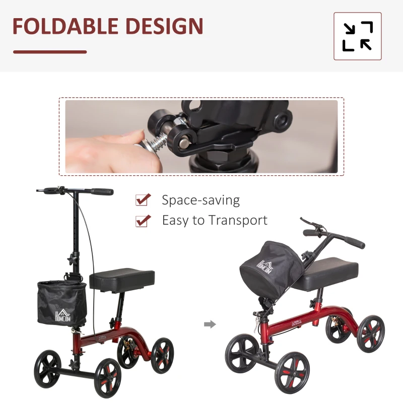 HOMCOM Knee Walker, Foldable Steerable Medical Knee Scooter, Crutch Alternative with Drum Braking System, Storage Bag for Foot Injuries, Red