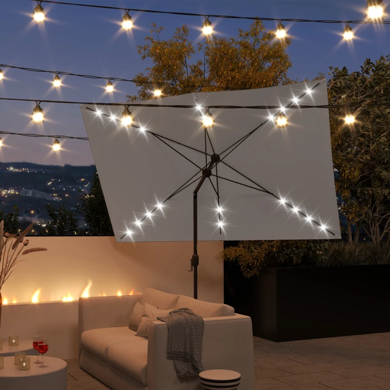Outsunny 6.5x10ft Patio Umbrella Tilt Aluminum Outdoor Market Parasol with Solar Powered LEDs, Crank - Light Grey