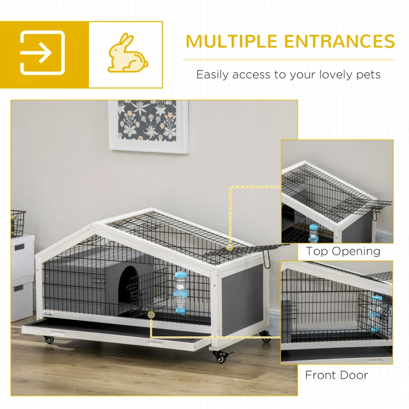 PawHut 35" Wooden Rabbit Hutch with No-leak Tray, Pet Playpen with Wheels, Water Bottle, Bunny House for Rabbits and Small Animals, Dark Gray