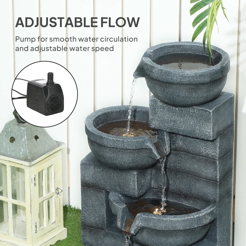 Outsunny 30" Tall Outdoor Waterfall Fountain with LED Lights, 4-Tier Resin Cascading Water Bowls with Pump, Gray