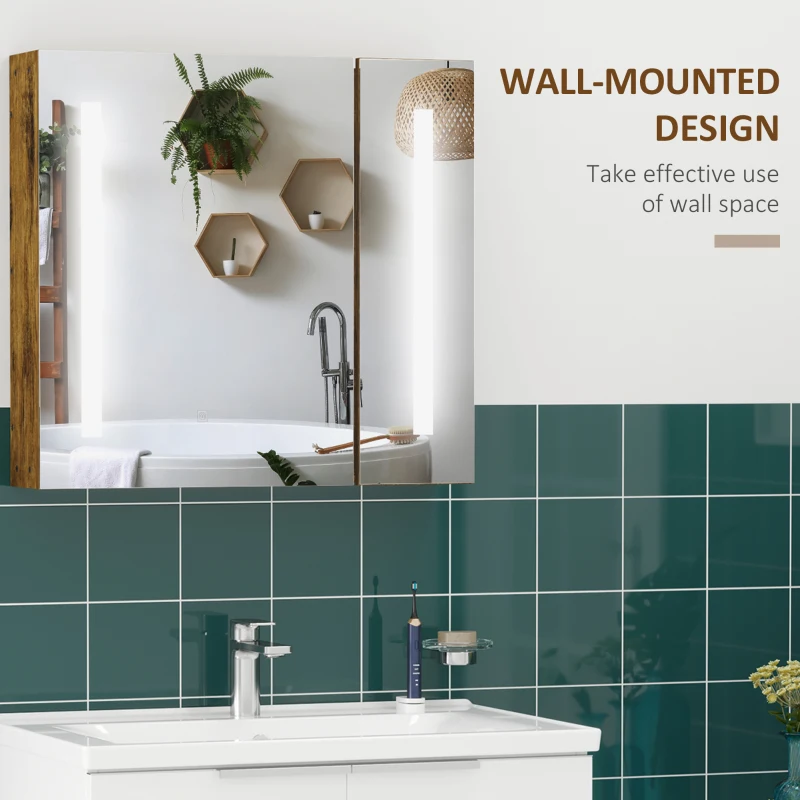 kleankin Lighted Medicine Cabinet with Mirror, 27.5" x 25.5" Wall Mounted Dimmable Bathroom Mirror Cabinet with 3-Tier Storage Shelves, LED Lights, Smart Touch and USB Charge, Dark Wood Grain