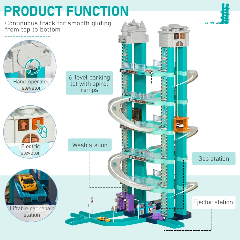 Qaba 6-Level Car Parking Garage Toy Race Tracks Car Ramp Set Toddler Car Games w/ Cars Maunal & Electric Elevators Wash, Gas, Ejector & Car Repair Station for 3-6 Years Old
