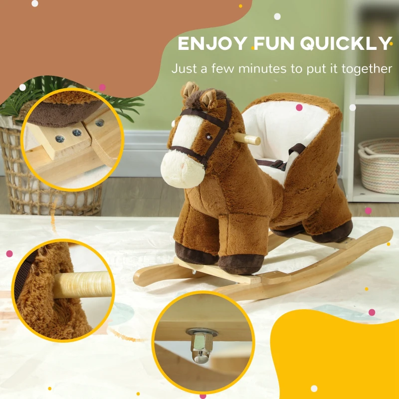Qaba Baby Rocking Horse, Kids Ride-on with Sound, Wooden Base & Safety Belt for Ages 18-36 Months, Brown