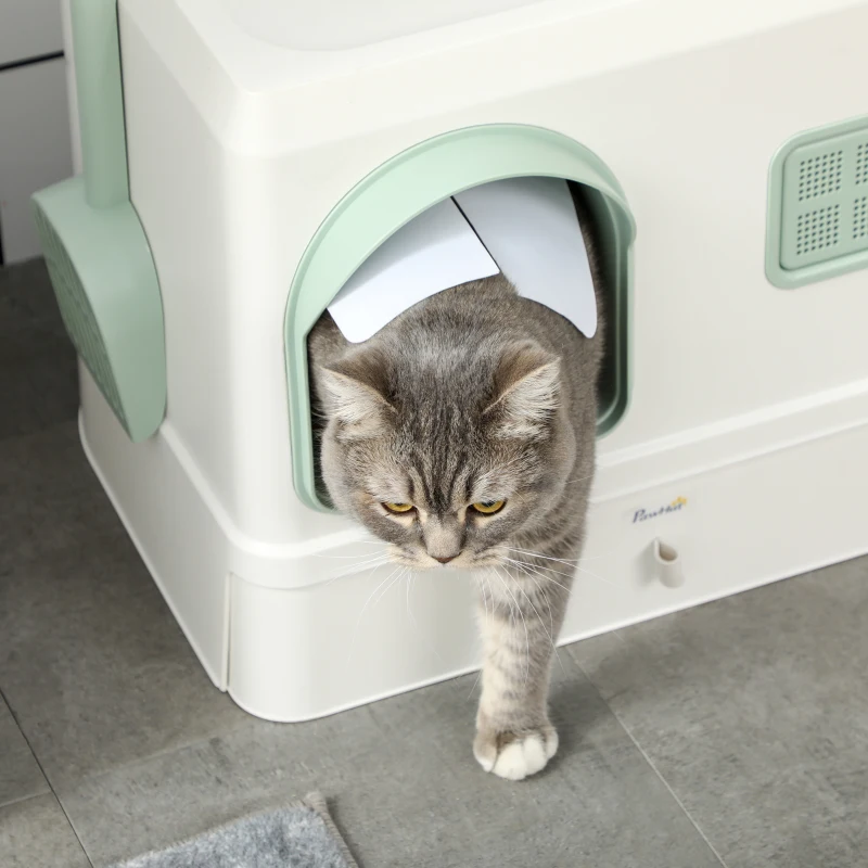 PawHut Cat Litter Box with Scoop, Deodorants, Front Entrance, Drawer Pan, 20" x 16" x 16", White