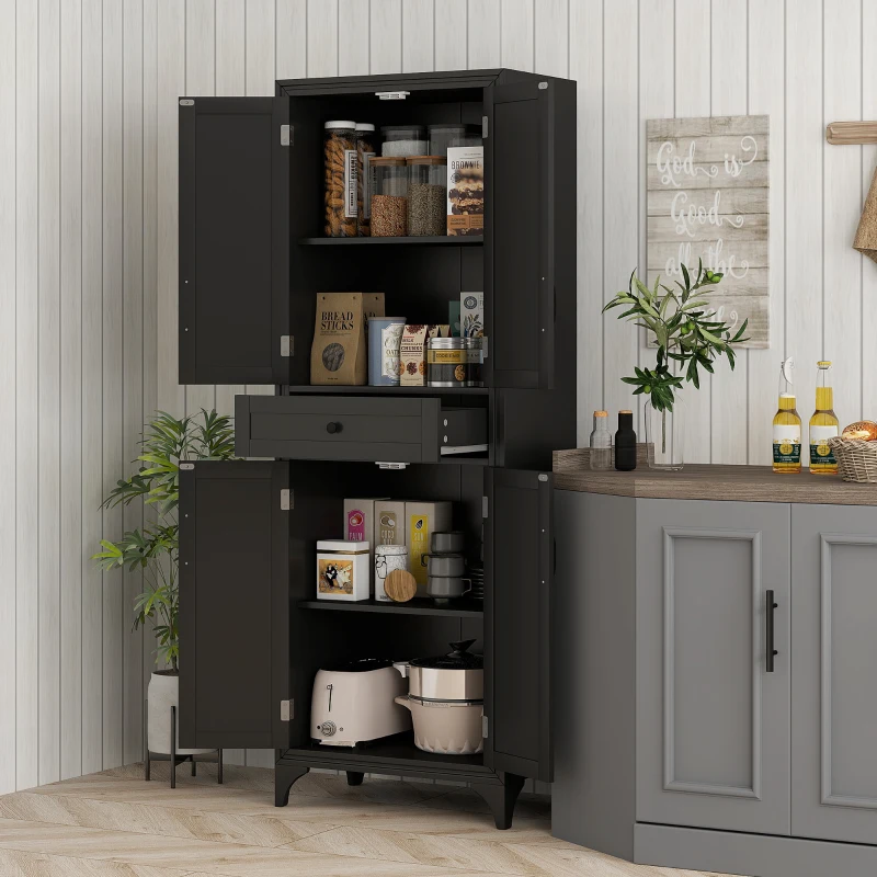 HOMCOM 67" 4-Door Kitchen Pantry with Drawer and Adjustable Shelves, Black