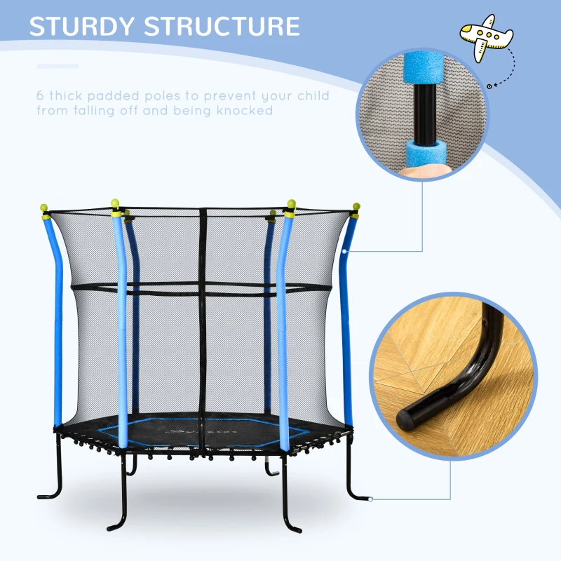 Soozier 63" Kids Trampoline Mini Indoor Bouncer Jumper with Enclosure Net Elastic Thick Padded Pole Gift for Child Toddler Age 3-10 Years Old Blue