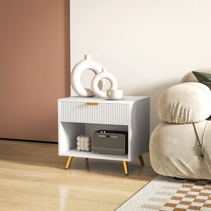 HOMCOM Nightstand with Fluted Panel, Bedside Table with Drawer and Open Compartment, Modern Night Table for Bedroom, White