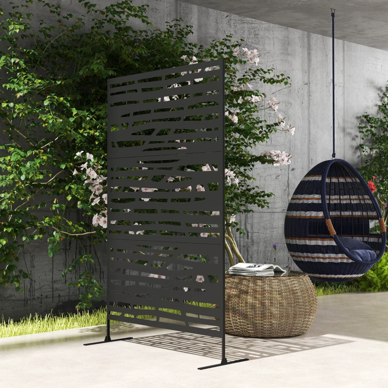 Outsunny Decorative Outdoor Privacy Panel with Stand, Freestanding Metal Outdoor Divider for Garden, Backyard, Deck, Black