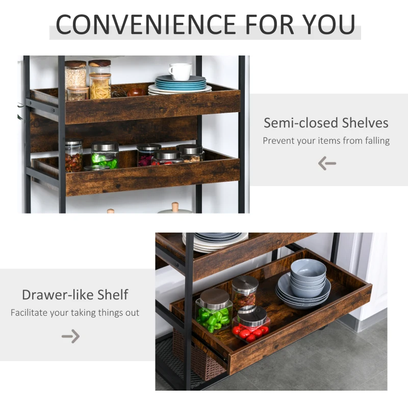 HOMCOM Industrial Kitchen Rolling Cart on Wheels, 4-Tier Utility Cart with Pull-out Open Shelves and Mesh Bottom, Microwave Stand for Dining & Living Room, Rustic Brown