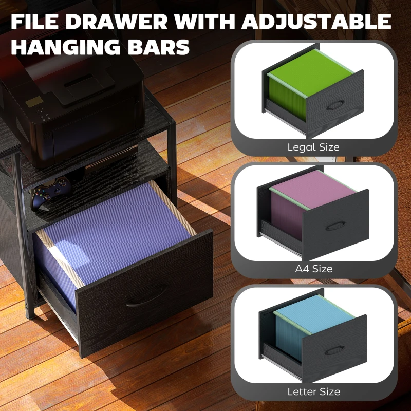 HOMCOM Computer Desk with Power Outlets and LED Lights, 67" Computer Table with File Cabinet and Fabric Drawers, Black