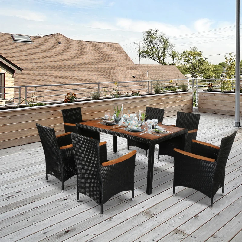 Outsunny 7 Pieces Wicker Patio Dining Set Outdoor Furniture Set with Removable Cushions, Acacia Wood Top Dining Table, PE Rattan Conversation Set for Garden Poolside, Black