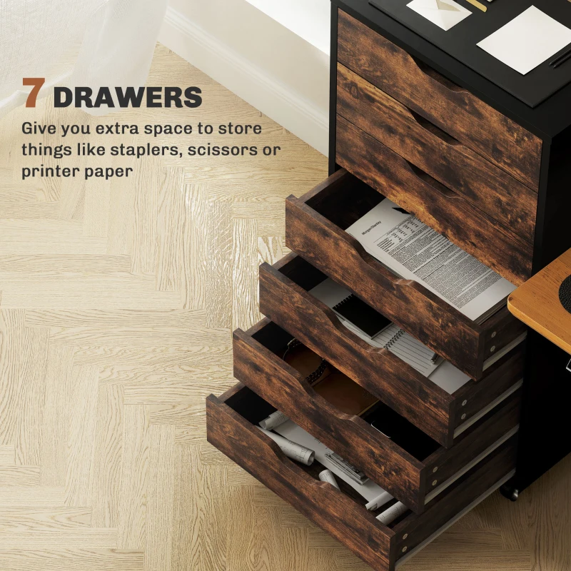 Vinsetto 7-drawer Vertical File Cabinet for Home Office, Storage Cabinet with Wheels, 18.7"x15.6"x35.4", Rustic Brown