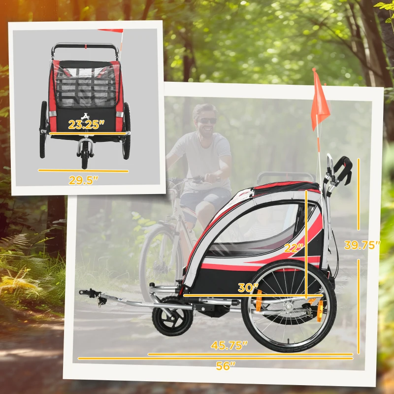 Aosom 2-in-1 Walk/Ride Child Baby Bike Trailer for Kids 2 Seater, High-Visibility Bike Stroller for Toddler Wagon, Weather-Strong Double Bicycle Trailer Accessory for Kids, Red