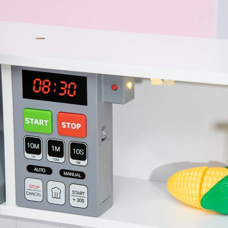 Qaba Wooden Play Kitchen with Realistic Lights and Sounds, Height-Adjustable Kids Kitchen Playset with Microwave, Range Hood, Cooking Accessories, Gift for 3-6 Years Old, White