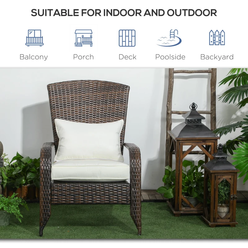 Outsunny Patio Wicker Adirondack Chair, Outdoor All-Weather Rattan Fire Pit Chair w/ Soft Cushions, Tall Curved Backrest and Comfortable Armrests for Deck or Garden, Cream White