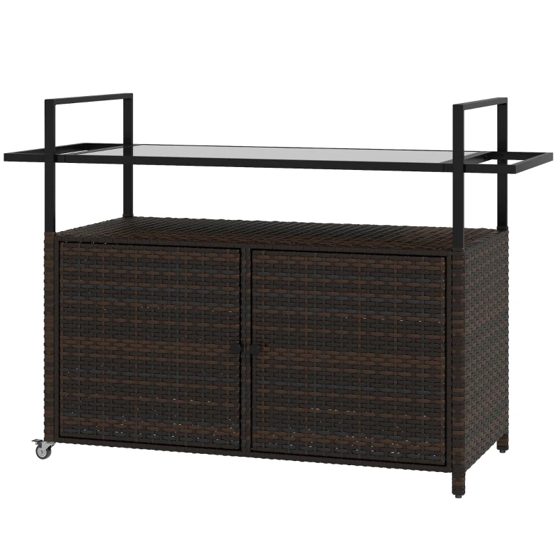 Outsunny 2-Tier PE Rattan Outdoor Bar Cart, Glass Top Outdoor Kitchen Island with Cabinet, Mixed Brown