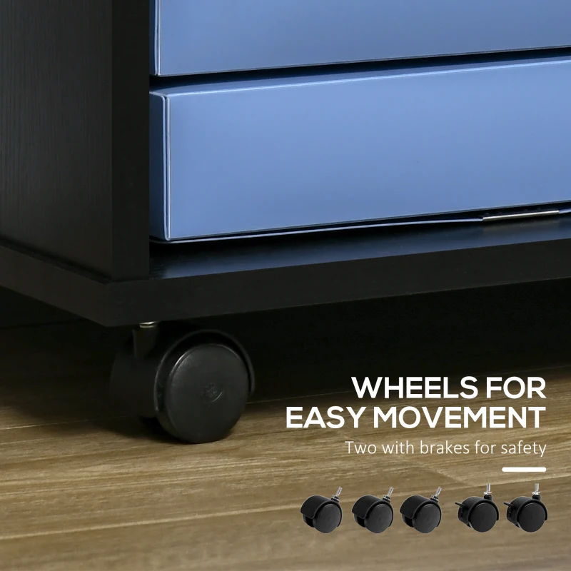 Vinsetto Lateral File Cabinet with Wheels, Mobile Printer Stand with Open Shelves and Drawers for A4 Size Documents, Black