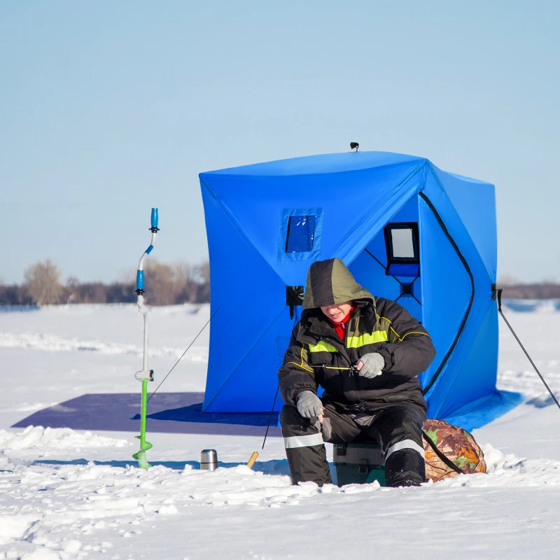 Outsunny 2 Person Ice Fishing Shelter, Pop-Up Portable Ice Fishing Tent with Carry Bag, Windows and Anchors for Low-Temp -22℉, Blue