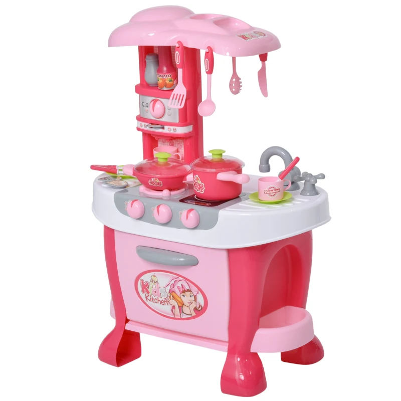 Qaba Kids Kitchen Set Kitchen Playset Pretend Toy Children Role Play Game Toy with Light & Sound Function  38Pcs Toy Accessories - Pink