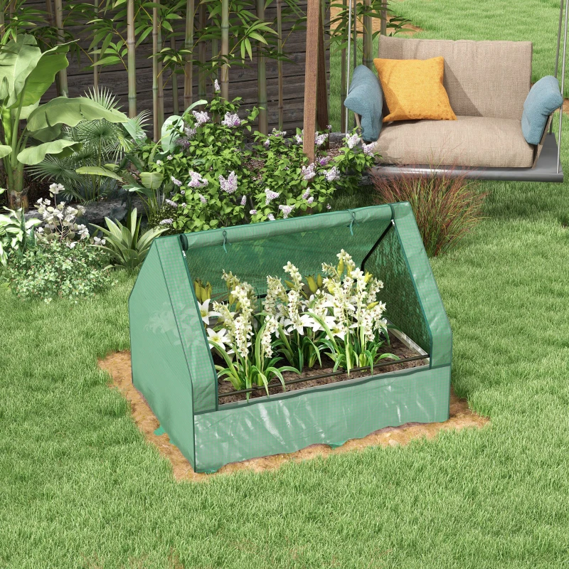 Outsunny Raised Garden Bed, Outdoor Metal Planter Box with Mini Greenhouse, Green and Silver
