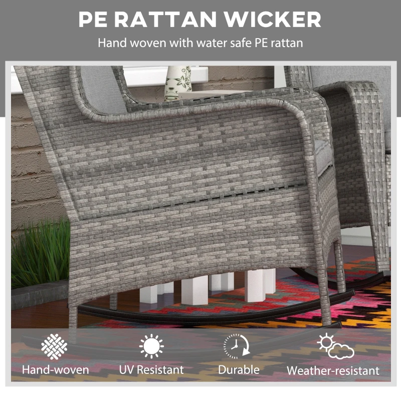 Outsunny 2 Piece Outdoor Wicker Rocking Chairs, Rattan Rockers with Cushions, Steel Frame for Patio, Garden, Backyard, Gray