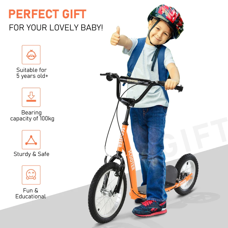 Aosom Youth Scooter Kick Scooter for Kids 5+ with Adjustable Handlebar 16" Front and 12" Rear Dual Brakes Inflatable Wheels, Orange