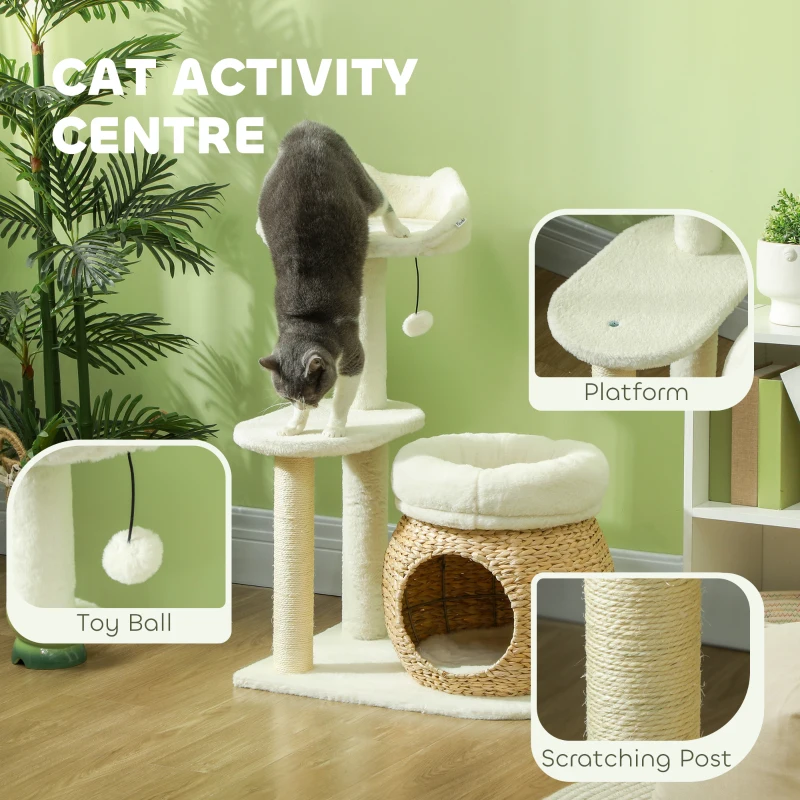 PawHut 31" Cat Tree Tower with Scratching Posts, Cat Condo, Beds, Platform, Toy Ball, for Indoor Cats, Cream White