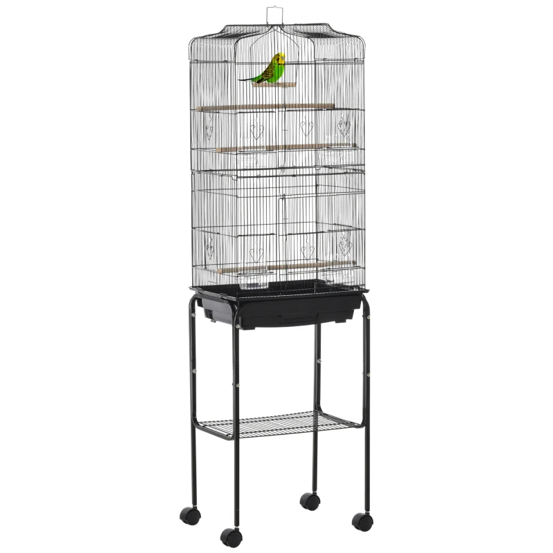 PawHut 62" Rolling Bird Cage Cockatoo House Play Top Finch Pet Supply with Storage Shelf, Wheels - Black