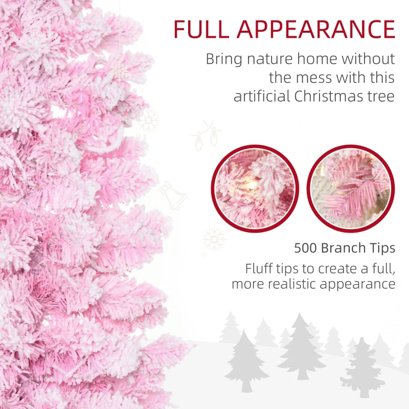 HOMCOM 6 Foot Prelit Snow Flocked Artificial Christmas Tree with Pencil Shape, 500 Pine Realistic Branches, Warm White LED lights, Auto Open, Pink and White