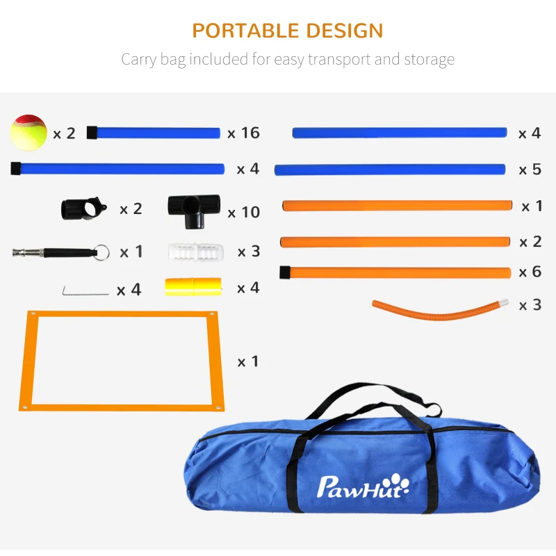 PawHut Dog Agility Training Equipment w/ Weave Poles, Adjustable Hurdle, Jump Ring, Pause Box, Whistle, Balls, Carry Bag