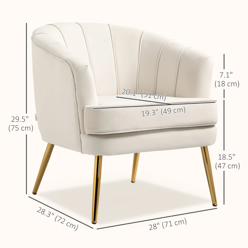 HOMCOM Fabric Armchair, Modern Accent Chair with Gold Metal Legs for Living Room, Bedroom, Home Office, Cream White