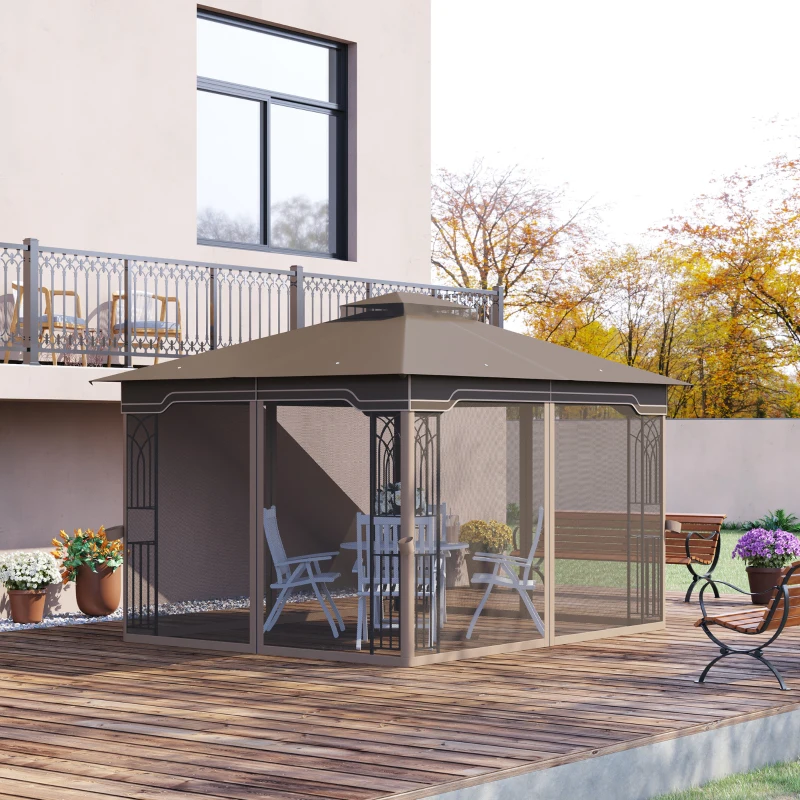 Outsunny 12' x 10' Soft-top Patio Gazebo Covered Gazebo Backyard Tent with Double Tier Roof and Netting Sidewalls, Brown