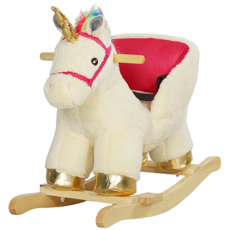 Qaba Rocking Horse Unicorn with Sound, Safety Belt, Wooden Base, for 18-36 Months